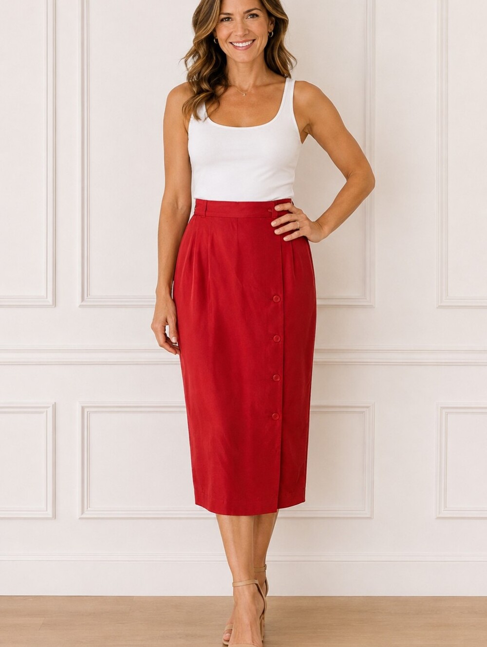 Gary Fabrikant vintage 100% silk red pencil skirt, back zip & button closure 8